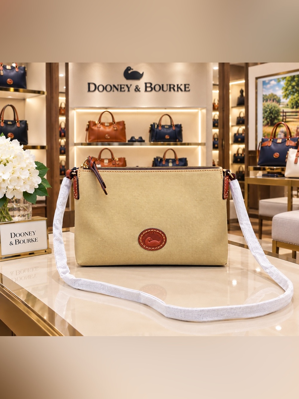 Dooney & Bourke Beige Canvas Crossbody with Brown Leather Trim